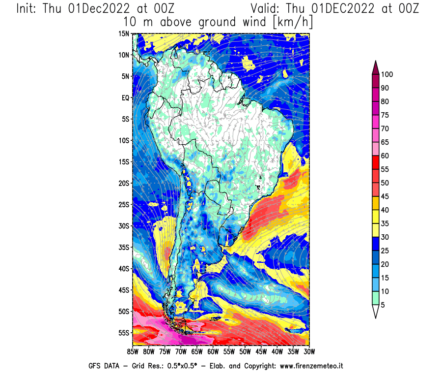Mappa di analisi GFS - Velocità del vento a 10 metri dal suolo [km/h] in Sud-America
							del 01/12/2022 00 <!--googleoff: index-->UTC<!--googleon: index-->