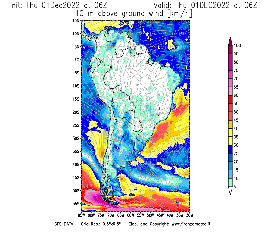 Mappa di analisi GFS - Velocità del vento a 10 metri dal suolo [km/h] in Sud-America
							del 01/12/2022 06 <!--googleoff: index-->UTC<!--googleon: index-->