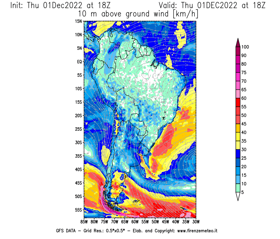 Mappa di analisi GFS - Velocità del vento a 10 metri dal suolo [km/h] in Sud-America
							del 01/12/2022 18 <!--googleoff: index-->UTC<!--googleon: index-->
