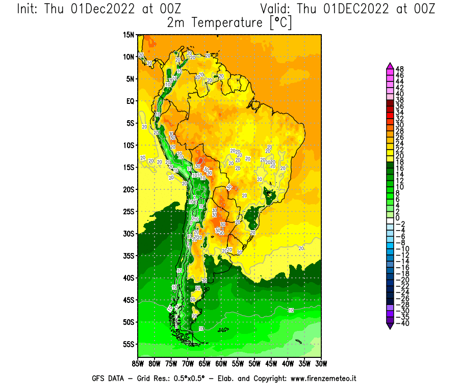 Mappa di analisi GFS - Temperatura a 2 metri dal suolo [°C] in Sud-America
							del 01/12/2022 00 <!--googleoff: index-->UTC<!--googleon: index-->