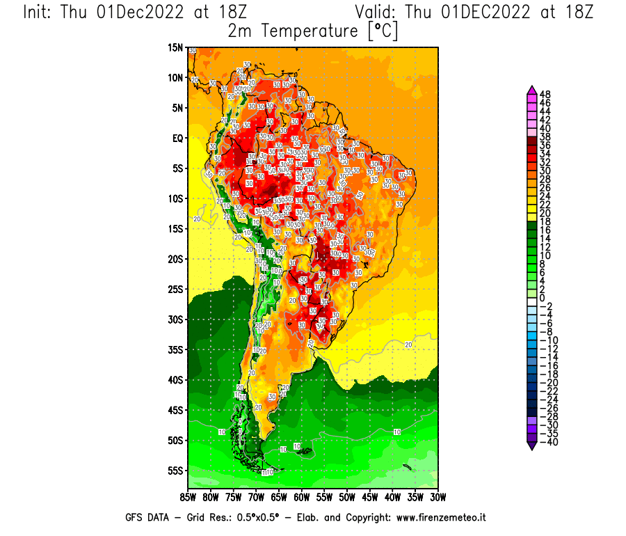 Mappa di analisi GFS - Temperatura a 2 metri dal suolo [°C] in Sud-America
							del 01/12/2022 18 <!--googleoff: index-->UTC<!--googleon: index-->