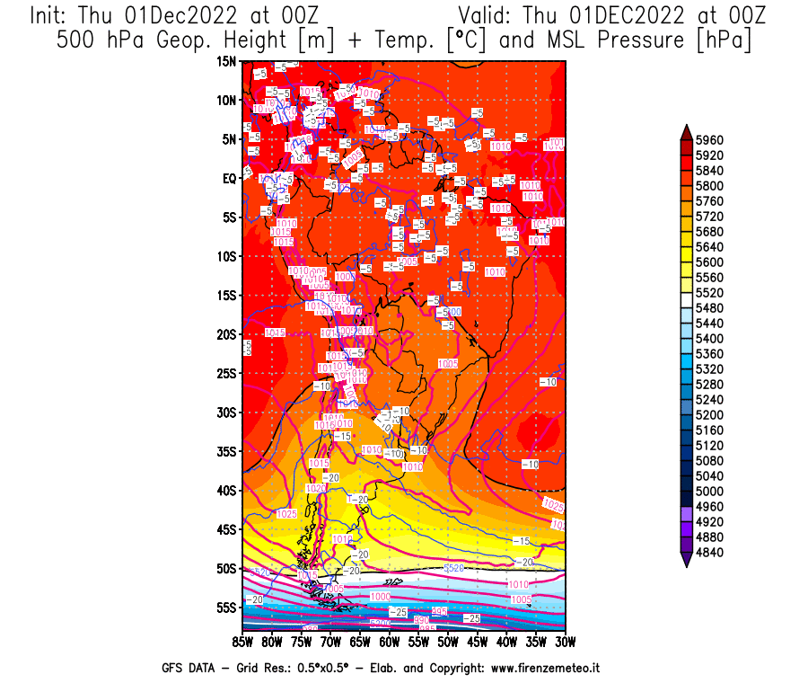 Mappa di analisi GFS - Geopotenziale [m] + Temp. [°C] a 500 hPa + Press. a livello del mare [hPa] in Sud-America
							del 01/12/2022 00 <!--googleoff: index-->UTC<!--googleon: index-->