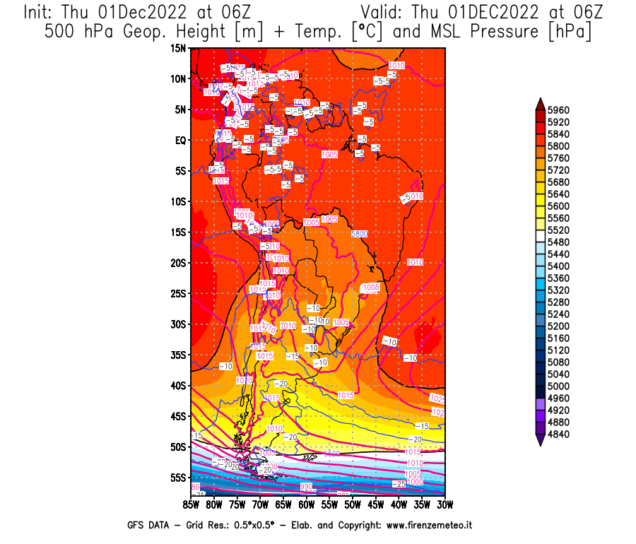 Mappa di analisi GFS - Geopotenziale [m] + Temp. [°C] a 500 hPa + Press. a livello del mare [hPa] in Sud-America
							del 01/12/2022 06 <!--googleoff: index-->UTC<!--googleon: index-->