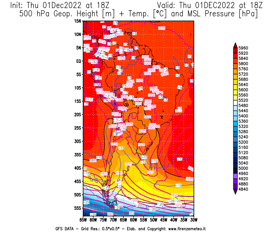 Mappa di analisi GFS - Geopotenziale [m] + Temp. [°C] a 500 hPa + Press. a livello del mare [hPa] in Sud-America
							del 01/12/2022 18 <!--googleoff: index-->UTC<!--googleon: index-->