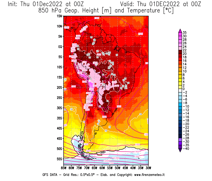 Mappa di analisi GFS - Geopotenziale [m] e Temperatura [°C] a 850 hPa in Sud-America
							del 01/12/2022 00 <!--googleoff: index-->UTC<!--googleon: index-->