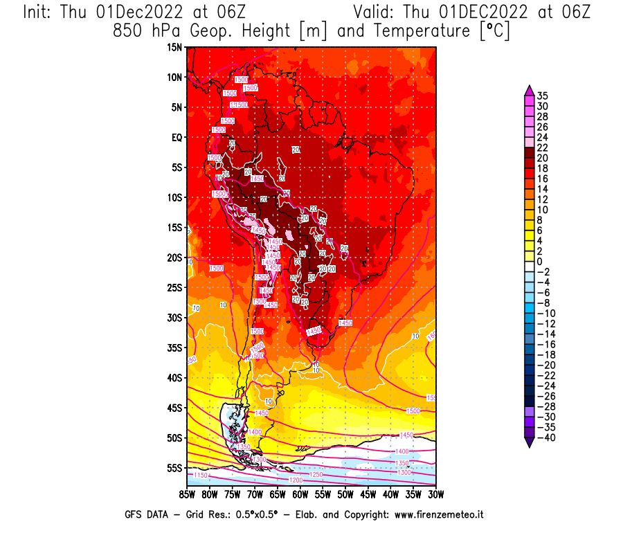 Mappa di analisi GFS - Geopotenziale [m] e Temperatura [°C] a 850 hPa in Sud-America
							del 01/12/2022 06 <!--googleoff: index-->UTC<!--googleon: index-->