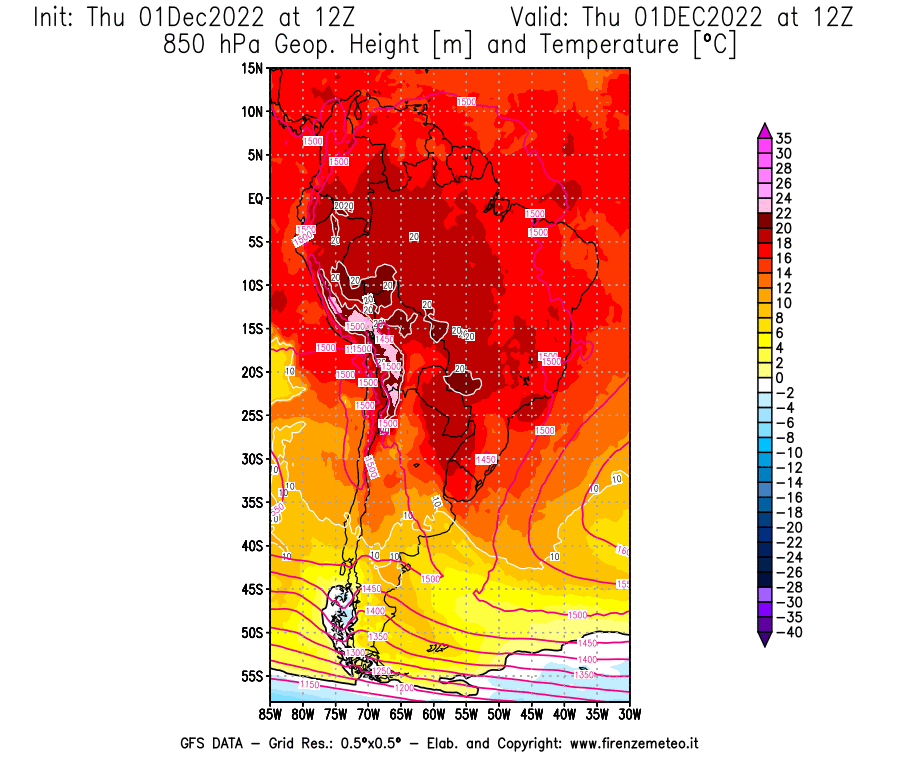 Mappa di analisi GFS - Geopotenziale [m] e Temperatura [°C] a 850 hPa in Sud-America
							del 01/12/2022 12 <!--googleoff: index-->UTC<!--googleon: index-->