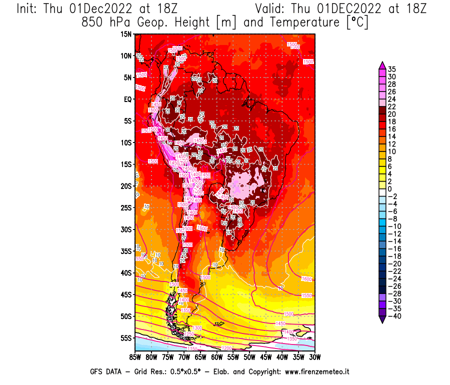 Mappa di analisi GFS - Geopotenziale [m] e Temperatura [°C] a 850 hPa in Sud-America
							del 01/12/2022 18 <!--googleoff: index-->UTC<!--googleon: index-->