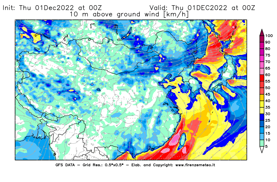 Mappa di analisi GFS - Velocità del vento a 10 metri dal suolo [km/h] in Asia Orientale
							del 01/12/2022 00 <!--googleoff: index-->UTC<!--googleon: index-->