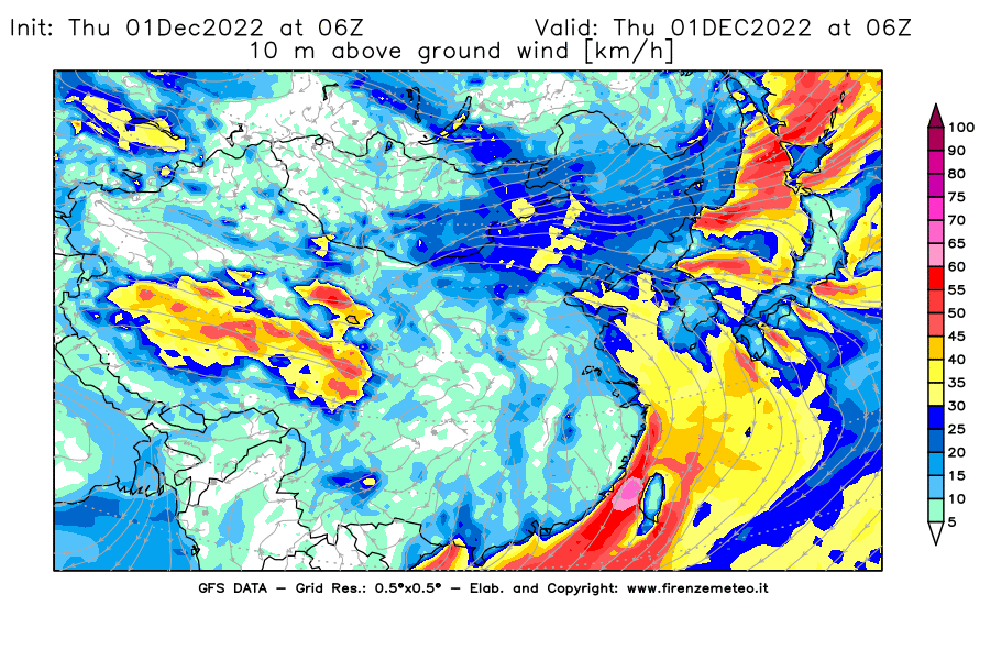 Mappa di analisi GFS - Velocità del vento a 10 metri dal suolo [km/h] in Asia Orientale
							del 01/12/2022 06 <!--googleoff: index-->UTC<!--googleon: index-->