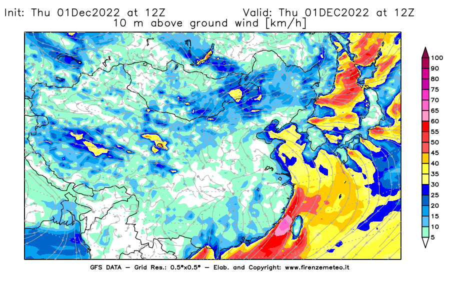 Mappa di analisi GFS - Velocità del vento a 10 metri dal suolo [km/h] in Asia Orientale
							del 01/12/2022 12 <!--googleoff: index-->UTC<!--googleon: index-->