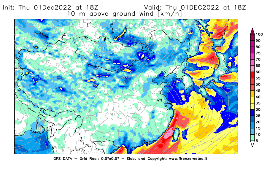 Mappa di analisi GFS - Velocità del vento a 10 metri dal suolo [km/h] in Asia Orientale
							del 01/12/2022 18 <!--googleoff: index-->UTC<!--googleon: index-->