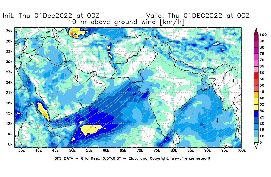 Mappa di analisi GFS - Velocità del vento a 10 metri dal suolo [km/h] in Asia Sud-Occidentale
							del 01/12/2022 00 <!--googleoff: index-->UTC<!--googleon: index-->