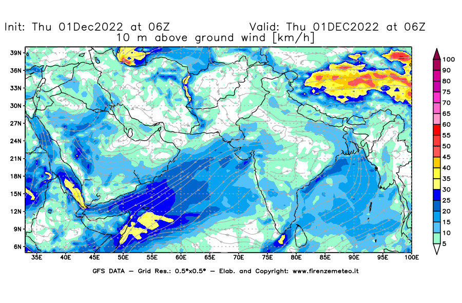 Mappa di analisi GFS - Velocità del vento a 10 metri dal suolo [km/h] in Asia Sud-Occidentale
							del 01/12/2022 06 <!--googleoff: index-->UTC<!--googleon: index-->