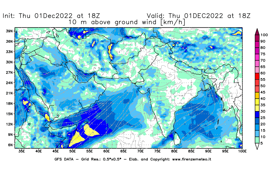 Mappa di analisi GFS - Velocità del vento a 10 metri dal suolo [km/h] in Asia Sud-Occidentale
							del 01/12/2022 18 <!--googleoff: index-->UTC<!--googleon: index-->