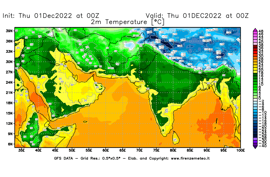 Mappa di analisi GFS - Temperatura a 2 metri dal suolo [°C] in Asia Sud-Occidentale
							del 01/12/2022 00 <!--googleoff: index-->UTC<!--googleon: index-->