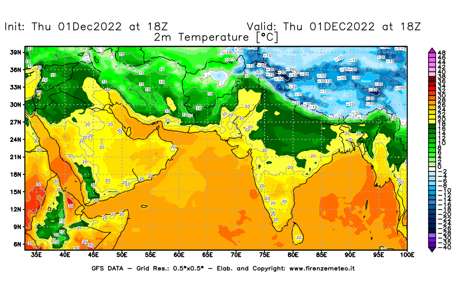 Mappa di analisi GFS - Temperatura a 2 metri dal suolo [°C] in Asia Sud-Occidentale
							del 01/12/2022 18 <!--googleoff: index-->UTC<!--googleon: index-->