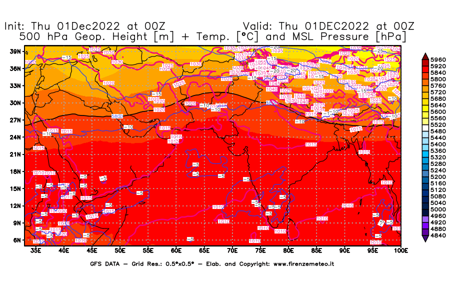Mappa di analisi GFS - Geopotenziale [m] + Temp. [°C] a 500 hPa + Press. a livello del mare [hPa] in Asia Sud-Occidentale
							del 01/12/2022 00 <!--googleoff: index-->UTC<!--googleon: index-->
