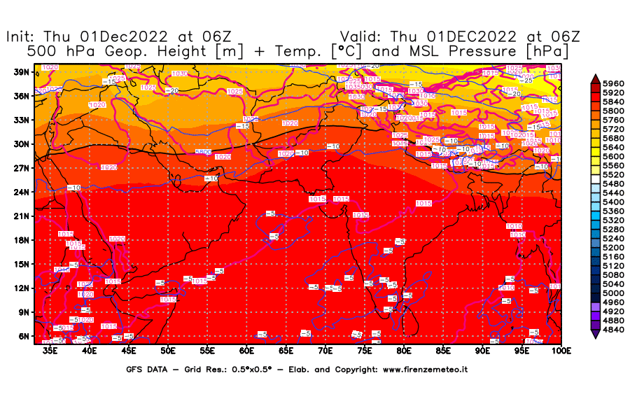 Mappa di analisi GFS - Geopotenziale [m] + Temp. [°C] a 500 hPa + Press. a livello del mare [hPa] in Asia Sud-Occidentale
							del 01/12/2022 06 <!--googleoff: index-->UTC<!--googleon: index-->