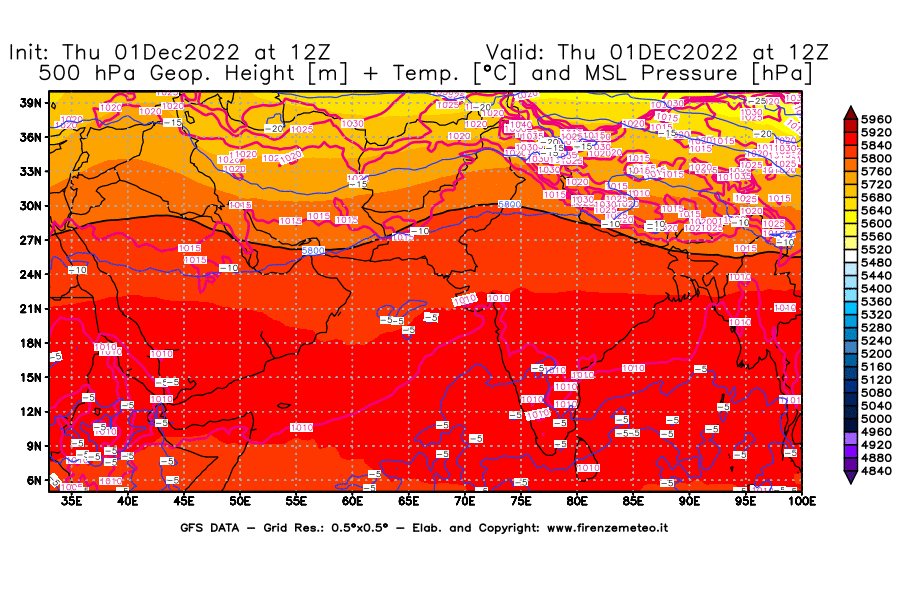 Mappa di analisi GFS - Geopotenziale [m] + Temp. [°C] a 500 hPa + Press. a livello del mare [hPa] in Asia Sud-Occidentale
							del 01/12/2022 12 <!--googleoff: index-->UTC<!--googleon: index-->