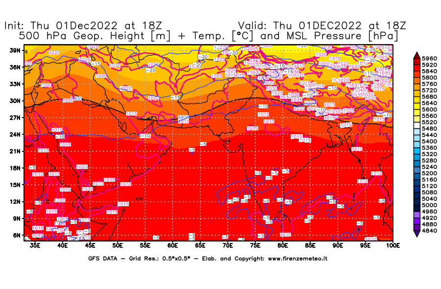 Mappa di analisi GFS - Geopotenziale [m] + Temp. [°C] a 500 hPa + Press. a livello del mare [hPa] in Asia Sud-Occidentale
							del 01/12/2022 18 <!--googleoff: index-->UTC<!--googleon: index-->