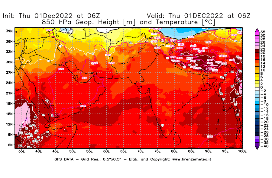 Mappa di analisi GFS - Geopotenziale [m] e Temperatura [°C] a 850 hPa in Asia Sud-Occidentale
							del 01/12/2022 06 <!--googleoff: index-->UTC<!--googleon: index-->