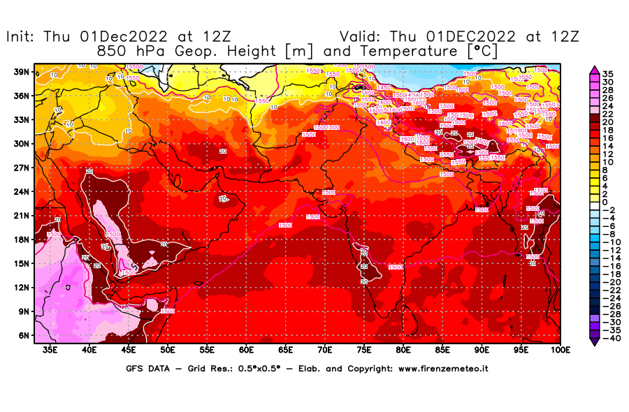 Mappa di analisi GFS - Geopotenziale [m] e Temperatura [°C] a 850 hPa in Asia Sud-Occidentale
							del 01/12/2022 12 <!--googleoff: index-->UTC<!--googleon: index-->