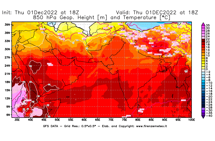 Mappa di analisi GFS - Geopotenziale [m] e Temperatura [°C] a 850 hPa in Asia Sud-Occidentale
							del 01/12/2022 18 <!--googleoff: index-->UTC<!--googleon: index-->
