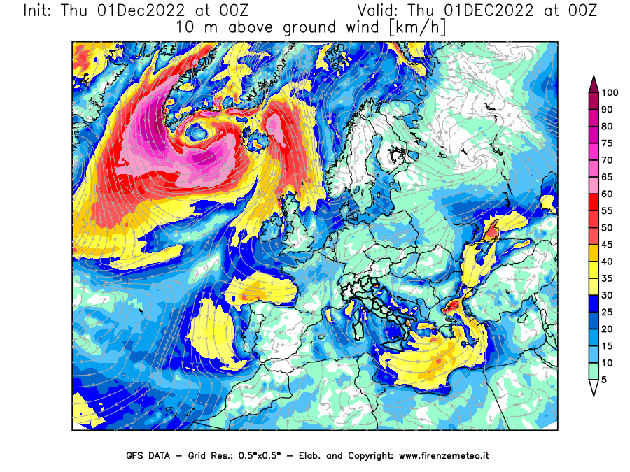 Mappa di analisi GFS - Velocità del vento a 10 metri dal suolo [km/h] in Europa
							del 01/12/2022 00 <!--googleoff: index-->UTC<!--googleon: index-->