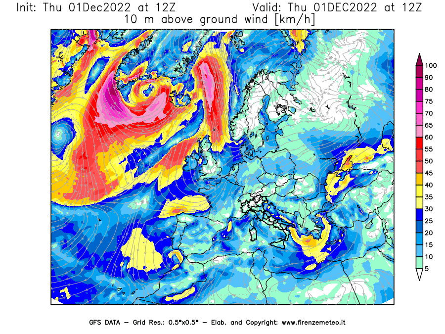 Mappa di analisi GFS - Velocità del vento a 10 metri dal suolo [km/h] in Europa
							del 01/12/2022 12 <!--googleoff: index-->UTC<!--googleon: index-->