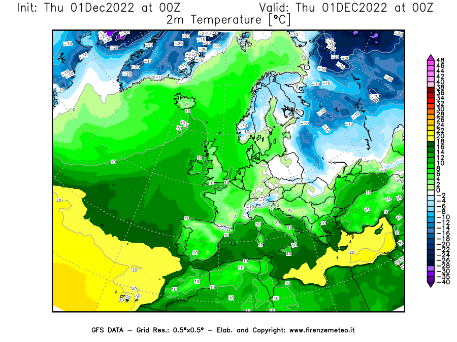 Mappa di analisi GFS - Temperatura a 2 metri dal suolo [°C] in Europa
							del 01/12/2022 00 <!--googleoff: index-->UTC<!--googleon: index-->