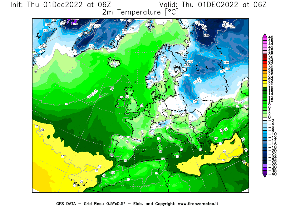 Mappa di analisi GFS - Temperatura a 2 metri dal suolo [°C] in Europa
							del 01/12/2022 06 <!--googleoff: index-->UTC<!--googleon: index-->