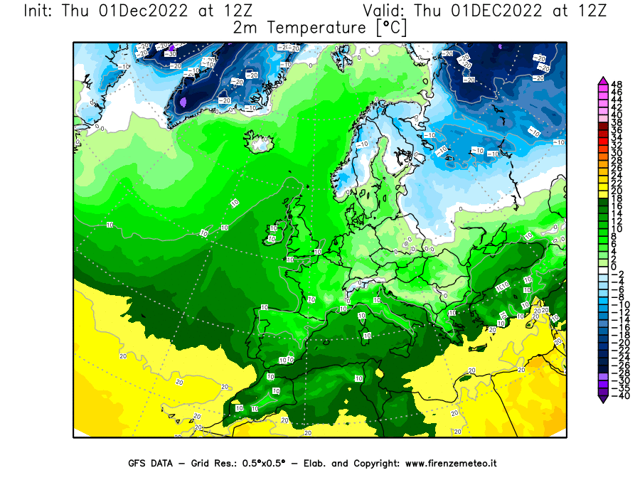 Mappa di analisi GFS - Temperatura a 2 metri dal suolo [°C] in Europa
							del 01/12/2022 12 <!--googleoff: index-->UTC<!--googleon: index-->