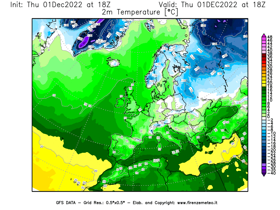 Mappa di analisi GFS - Temperatura a 2 metri dal suolo [°C] in Europa
							del 01/12/2022 18 <!--googleoff: index-->UTC<!--googleon: index-->