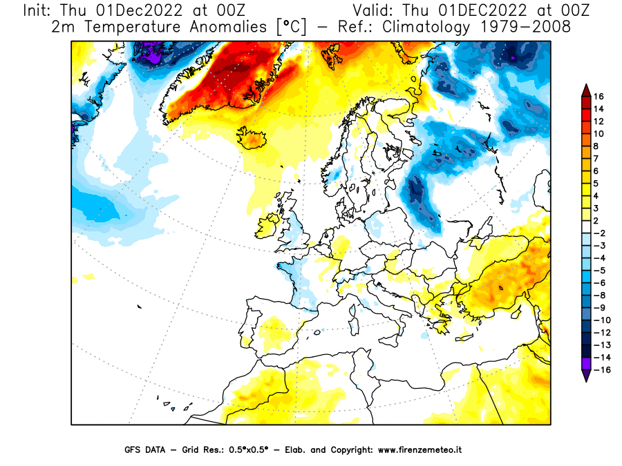 Mappa di analisi GFS - Anomalia Temperatura [°C] a 2 m in Europa
							del 01/12/2022 00 <!--googleoff: index-->UTC<!--googleon: index-->