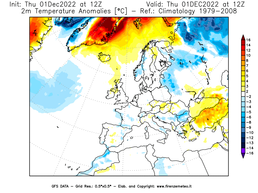 Mappa di analisi GFS - Anomalia Temperatura [°C] a 2 m in Europa
							del 01/12/2022 12 <!--googleoff: index-->UTC<!--googleon: index-->