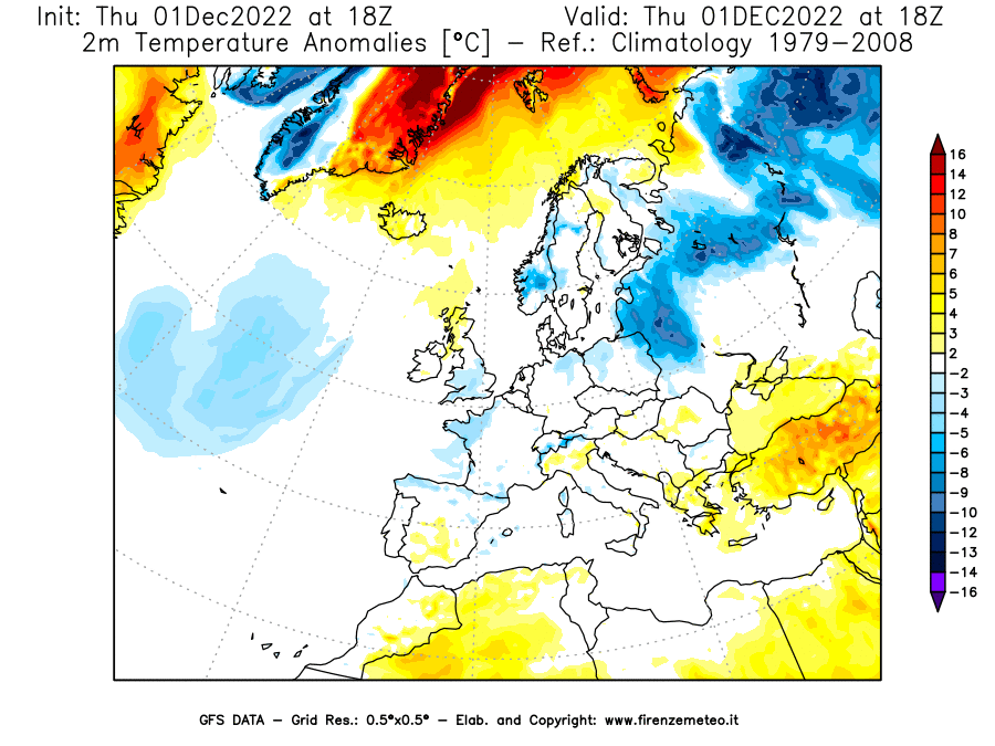 Mappa di analisi GFS - Anomalia Temperatura [°C] a 2 m in Europa
							del 01/12/2022 18 <!--googleoff: index-->UTC<!--googleon: index-->