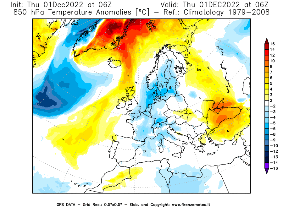 Mappa di analisi GFS - Anomalia Temperatura [°C] a 850 hPa in Europa
							del 01/12/2022 06 <!--googleoff: index-->UTC<!--googleon: index-->