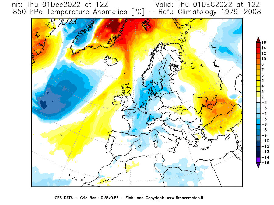 Mappa di analisi GFS - Anomalia Temperatura [°C] a 850 hPa in Europa
							del 01/12/2022 12 <!--googleoff: index-->UTC<!--googleon: index-->