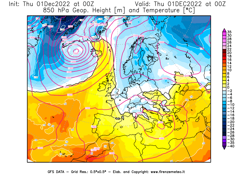 Mappa di analisi GFS - Geopotenziale [m] e Temperatura [°C] a 850 hPa in Europa
							del 01/12/2022 00 <!--googleoff: index-->UTC<!--googleon: index-->