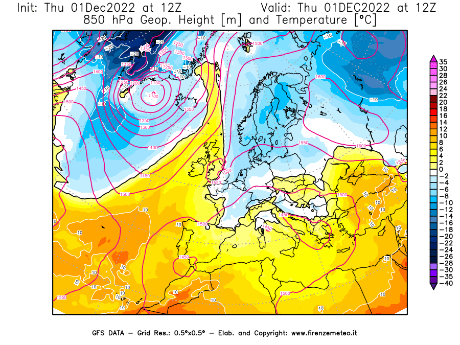 Mappa di analisi GFS - Geopotenziale [m] e Temperatura [°C] a 850 hPa in Europa
							del 01/12/2022 12 <!--googleoff: index-->UTC<!--googleon: index-->