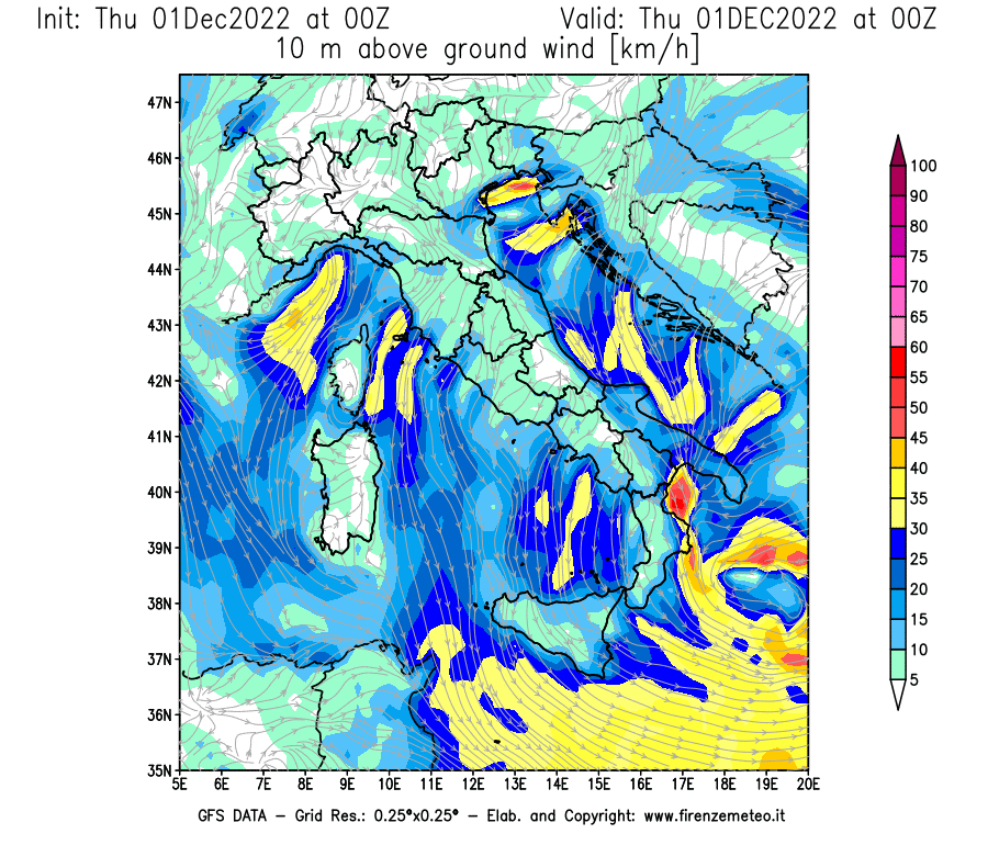Mappa di analisi GFS - Velocità del vento a 10 metri dal suolo [km/h] in Italia
							del 01/12/2022 00 <!--googleoff: index-->UTC<!--googleon: index-->