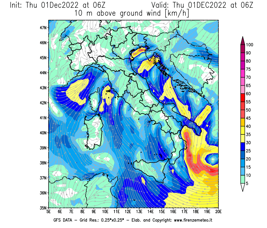 Mappa di analisi GFS - Velocità del vento a 10 metri dal suolo [km/h] in Italia
							del 01/12/2022 06 <!--googleoff: index-->UTC<!--googleon: index-->
