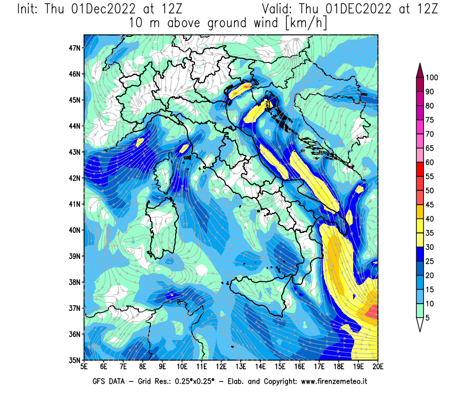 Mappa di analisi GFS - Velocità del vento a 10 metri dal suolo [km/h] in Italia
							del 01/12/2022 12 <!--googleoff: index-->UTC<!--googleon: index-->
