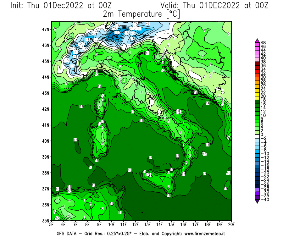 Mappa di analisi GFS - Temperatura a 2 metri dal suolo [°C] in Italia
							del 01/12/2022 00 <!--googleoff: index-->UTC<!--googleon: index-->