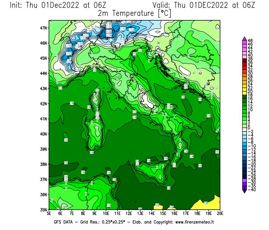 Mappa di analisi GFS - Temperatura a 2 metri dal suolo [°C] in Italia
							del 01/12/2022 06 <!--googleoff: index-->UTC<!--googleon: index-->