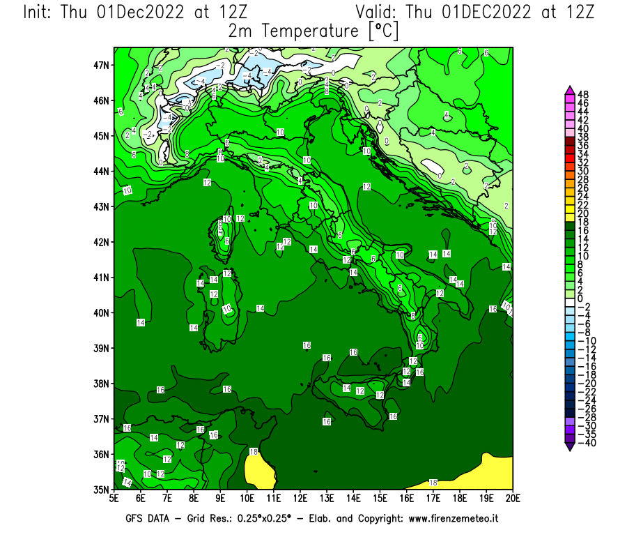 Mappa di analisi GFS - Temperatura a 2 metri dal suolo [°C] in Italia
							del 01/12/2022 12 <!--googleoff: index-->UTC<!--googleon: index-->