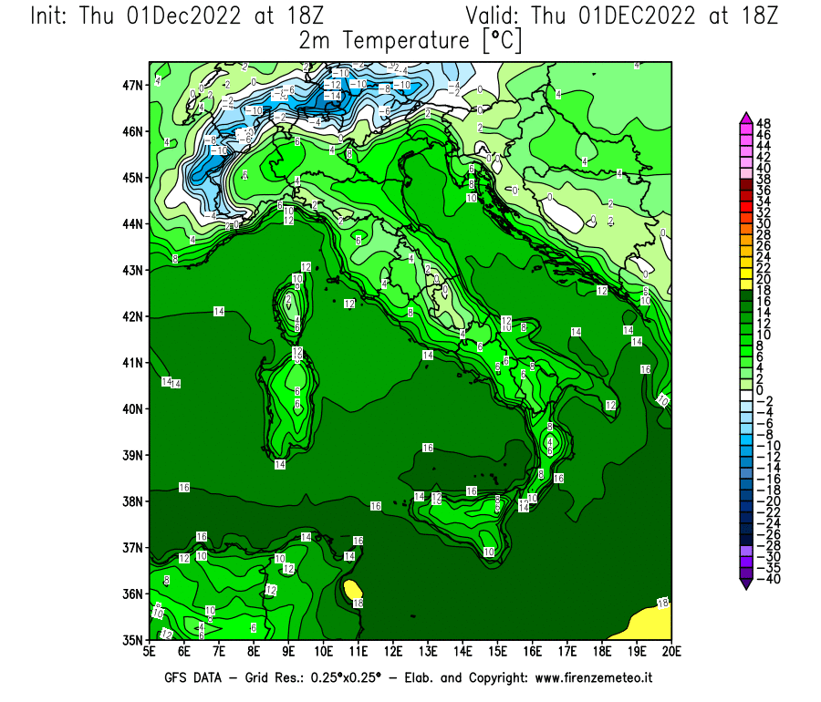 Mappa di analisi GFS - Temperatura a 2 metri dal suolo [°C] in Italia
							del 01/12/2022 18 <!--googleoff: index-->UTC<!--googleon: index-->