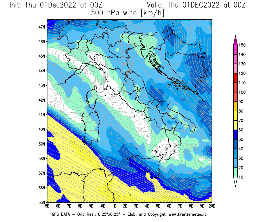 Mappa di analisi GFS - Velocità del vento a 500 hPa [km/h] in Italia
							del 01/12/2022 00 <!--googleoff: index-->UTC<!--googleon: index-->