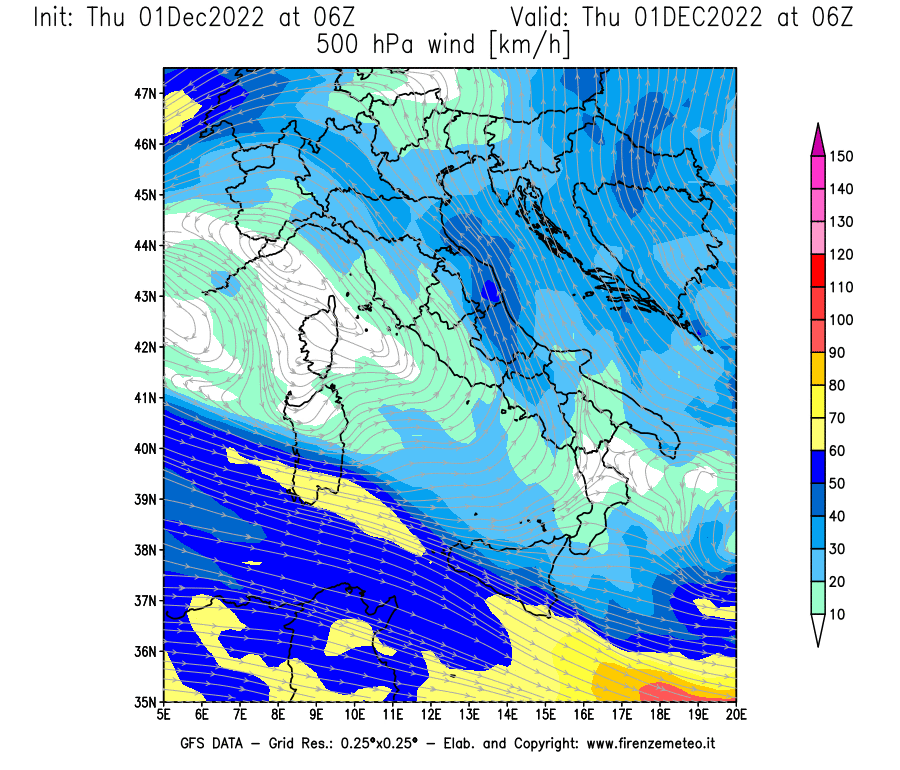 Mappa di analisi GFS - Velocità del vento a 500 hPa [km/h] in Italia
							del 01/12/2022 06 <!--googleoff: index-->UTC<!--googleon: index-->